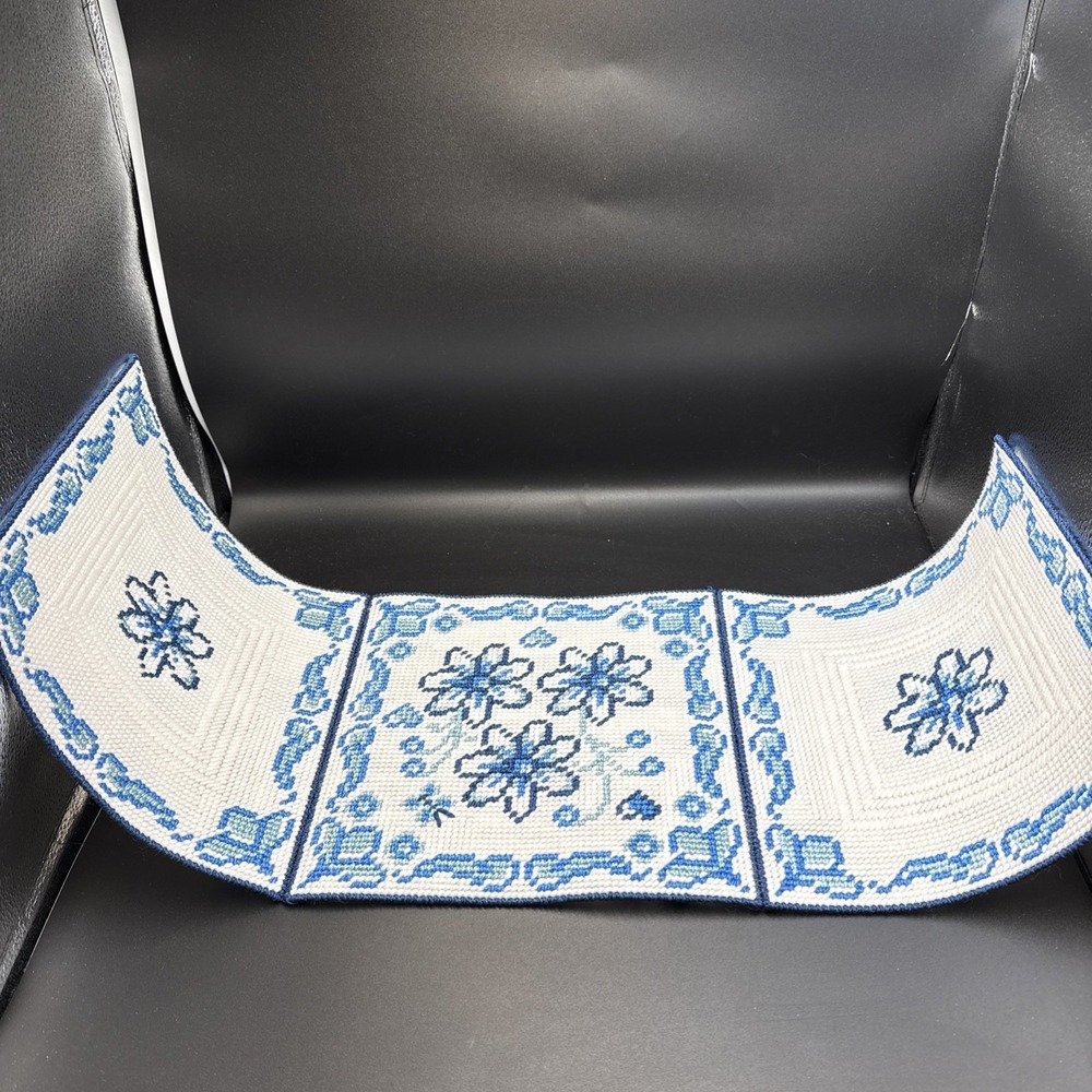 31" Table Runner Plastic Canvas Needlepoint Blue Flowers Completed